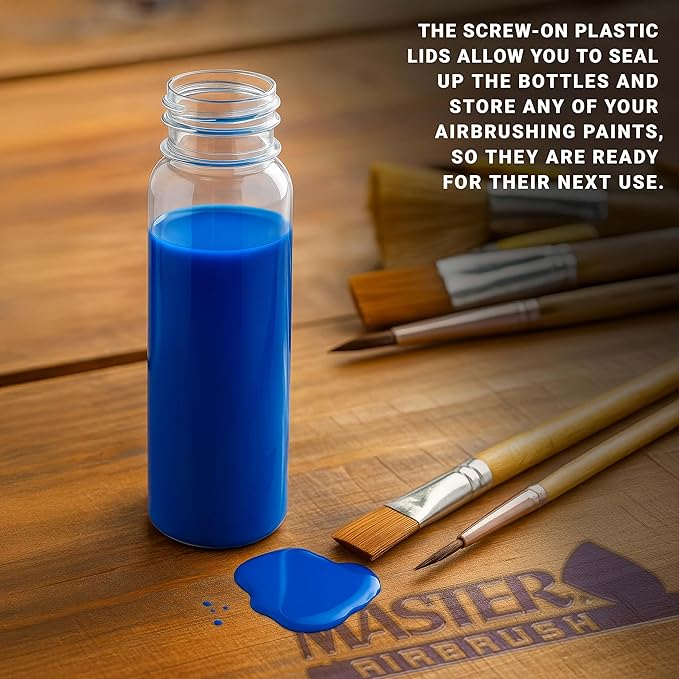 Master Airbrush (Pack of 10 TB-009 Empty 3.4-Ounce (100cc) Plastic Jar Bottles with 30° Down Angle Adaptor Lid Assembly - Fits Dual-Action Siphon Feed Airbrushes, Use with Master Badger Paasche Iwata
