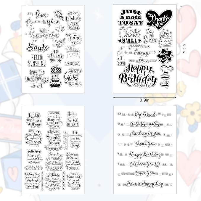 Whaline 4 Sheets Sentiment Words Clear Stamps Greeting Words Happy Birthday Silicone Transparent Stamps for DIY Craft Card Making Scrapbooking Embossing Album Decor