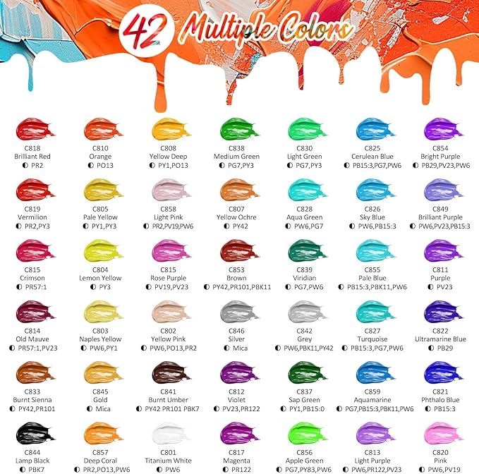 Caliart Acrylic Paint Set with 12 Brushes, 42 Colors (59ml, 2oz) Art Craft Paints Gifts for Adults Artists Beginners Painters, Halloween Pumpkin Canvas Ceramic Rock Painting Kit Art Supplies