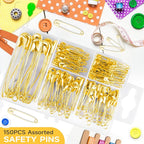 Huhuhero Safety Pins Assorted, 160-Pack 5 Different Sizes Small and Large Safety Pins for Clothes Fabric Costume, Nickel Plated Steel Pin Bulk, Sewing Arts Crafts Supplies, Gold