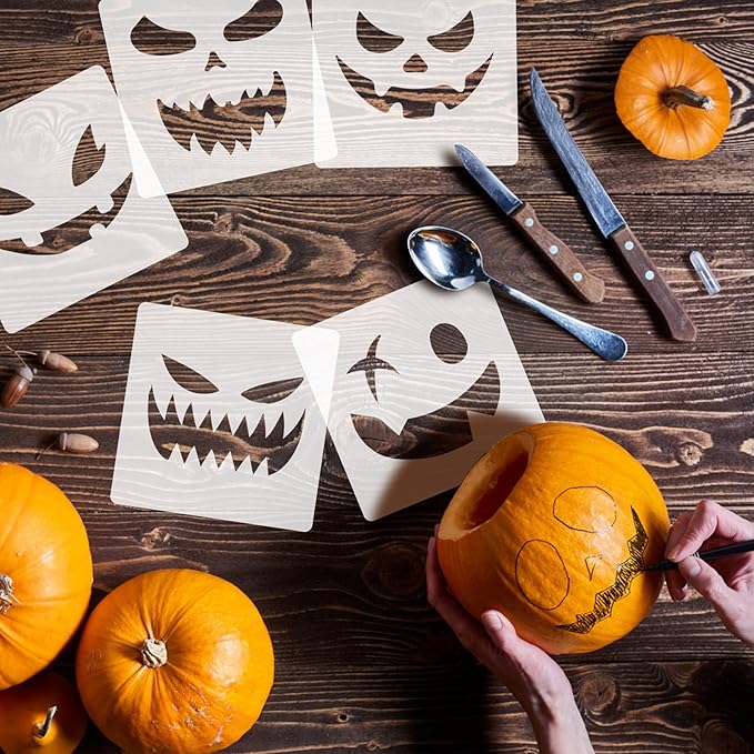 36 Pieces Halloween Drawing Stencils, 6 Inch Plastic Reusable Pumpkin Faces Painting Stencil for DIY Pumpkin Carving, Wood, Walls Art and Halloween Decoration