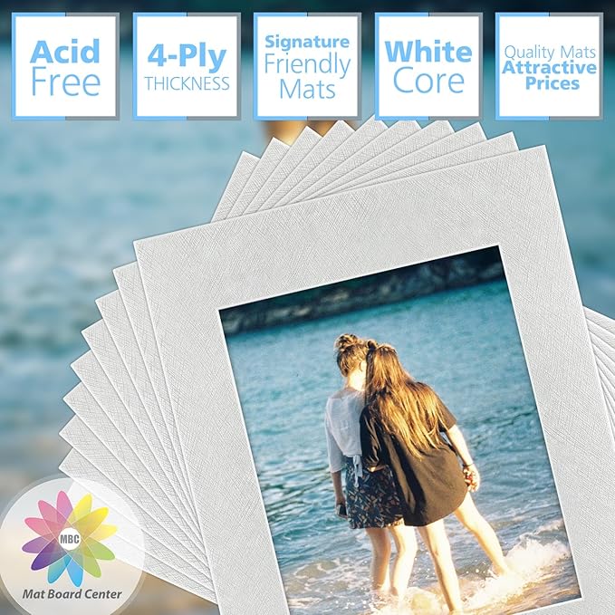 Mat Board Center, Pack of 10, 11x14 Silver Color Mats for 8x10 Pictures, Photos- Bevel Cut, Acid Free, 4-ply Thickness, White Core
