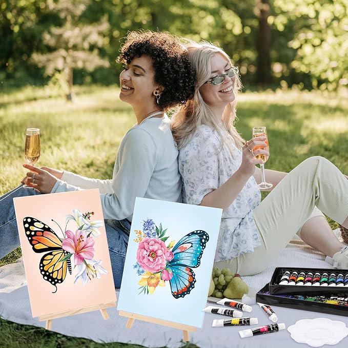 Cholemy 36 Pcs Paint and Sip Kit for Adults 8''x10'' Pre Drawn Canvas for Painting DIY Afro Acrylic Painting Kit Wood Easel Brushes Date Night Bulk for Christmas Party Gifts(Butterfly)