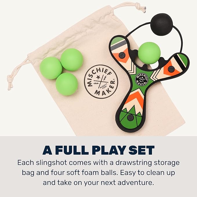 Mighty Fun! - Mischief Maker® Wooden Slingshot - Classic Series - Real Wood Slingshot for Kids, 4 Soft Foam Balls and Storage Bag - Ages 4+ (Green)