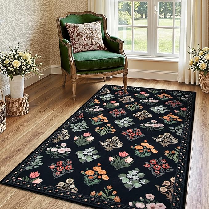 Wonnitar Washable 3x5 Area Rug, Floral Print Rugs for Entryway Indoor, Stain Resistant Moroccan Trellis Small Throw Carpet for Kitchen Laundry Dorm Office, Black/Multi