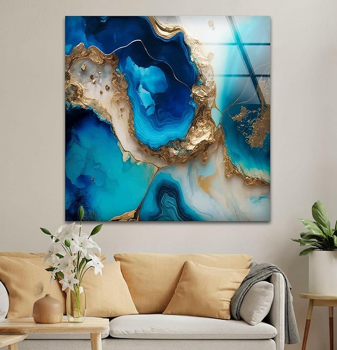 My Photostation.com 28Wx18H'' Blue Alcohol ink Glass Wall ArtTempered Glass Printing Wall Decor Large Wall Art Wall Hangings