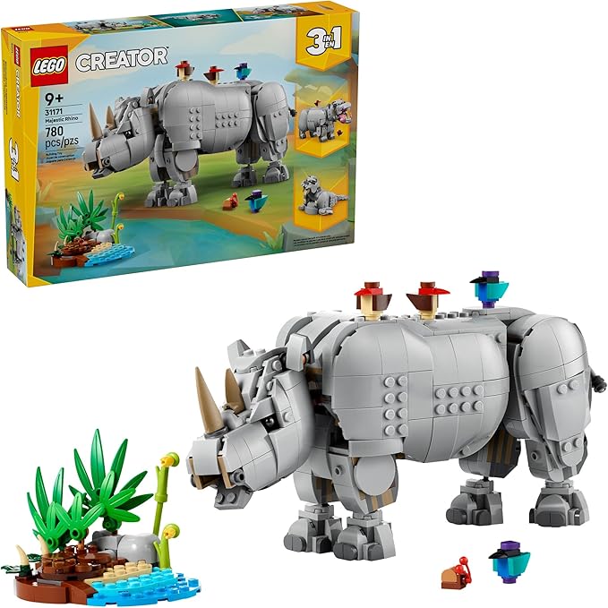 LEGO Creator 3 in 1 Wild Animals: Majestic Rhino with Birds Pretend Play Toy for Kids - Safari Toy Building Set for Girls & Boys, Ages 9+ - Build 3 Animals in 1 Kit - Gift for Birthdays - 31171