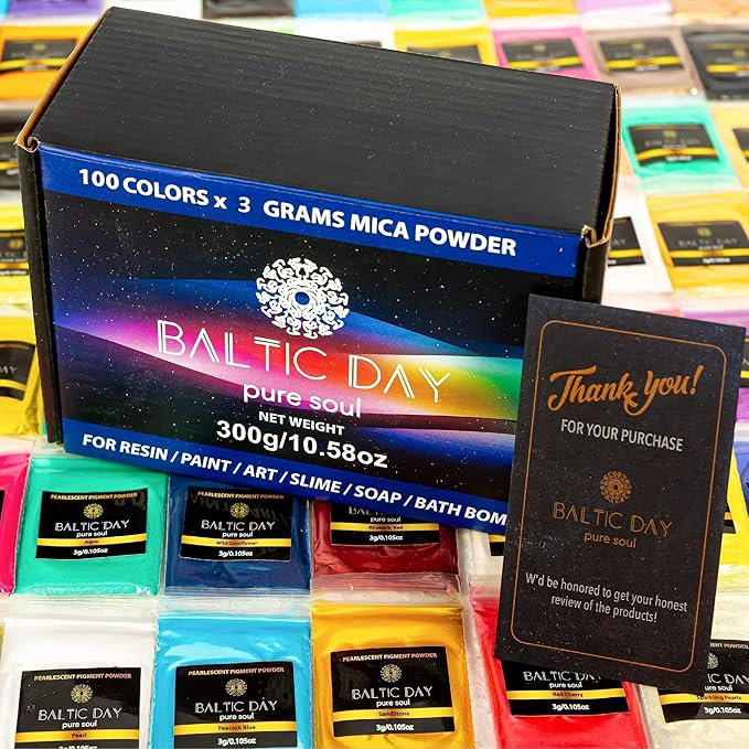 BALTIC DAY - Mica Powder, 100 Colors - Mica Powder for Epoxy Resin - Epoxy Resin Color Pigment Powder - Pigments for Soap Making, Candle, Slime, Lip Gloss, Nails, Paint, Acrylics