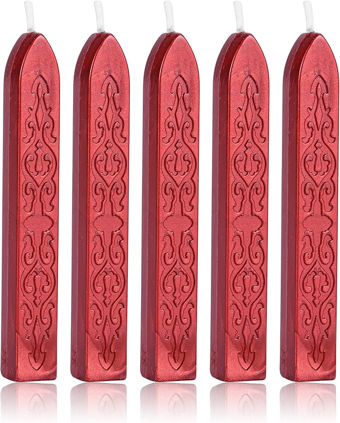 Yoption 5Pcs Sealing Wax Sticks, Vintage Totem Fire Manuscript Flashing Wine Red Wax Seal Sticks with Wicks, Sealing Wax for Wax Seal Stamp