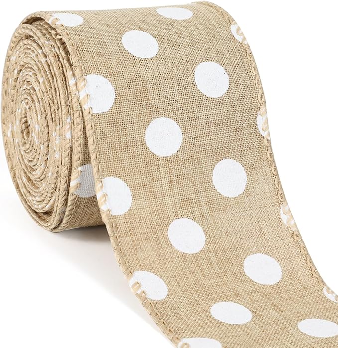 Burlap Ribbon Wired, Farmhouse Rustic White Dots Ribbon for Gifts Wrapping DIY Crafts Floral Bows Wreath Making Party Supplies Holiday Home Decoration, 2.5 Inch x 10 Yards