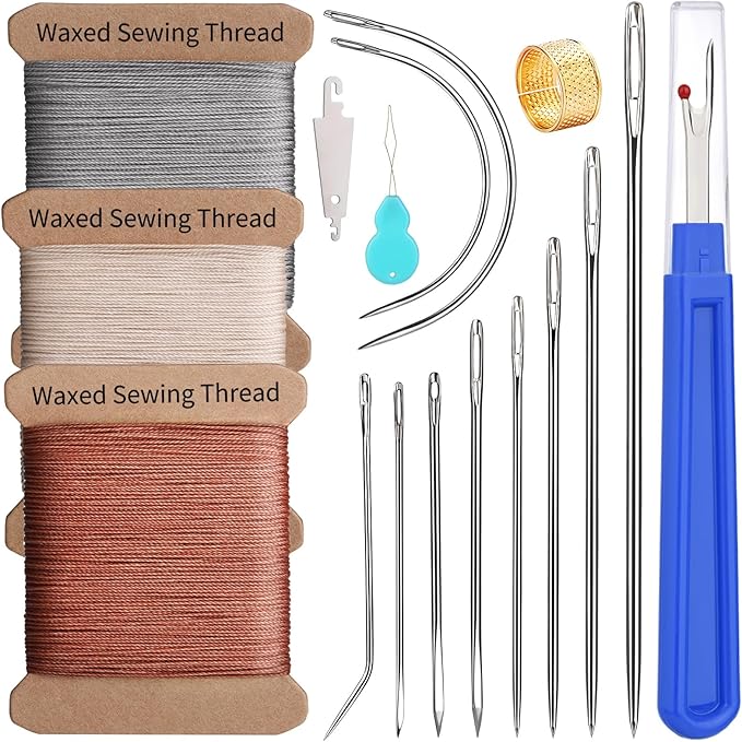 Upholstery Repair Kit, Thread Repair Sewing Kit and Upholstery Needle, 3 Colors 0.55mm Waxed Thread with 8 Pcs Heavy Duty Leather Needles for Hand Stitching, Canvas & Quilting