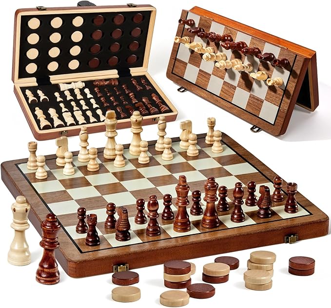 MerryPony 2 in 1 Magnetic Wooden Chess and Checkers Set, 15" Foldable Chess set for Adults & Kids, Chess Board with 2 Extra Queens, Travel Chess Set with Pieces Storage Slots, Ideal Chess for Beginner