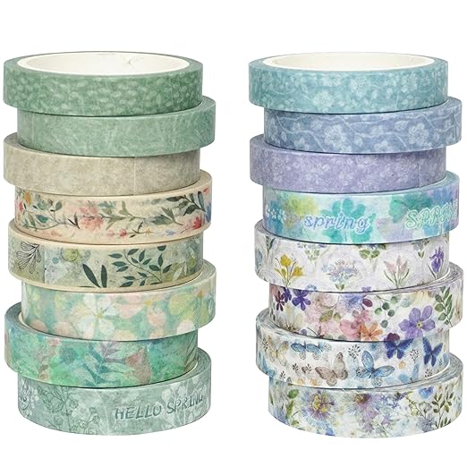 YUBX Spring Washi Tape Set 16 Rolls Flowers Printed Embellishment Green Decorative Masking Tapes for Arts, DIY Crafts, Journals, Planners, Scrapbook, Wrapping