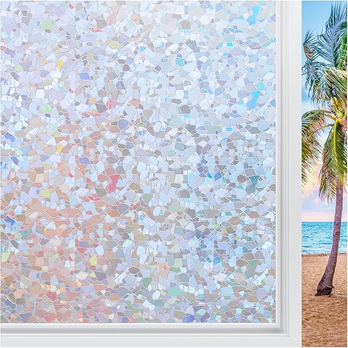 rabbitgoo Rainbow Window Privacy Film Decorative Stained Glass Diamond Pattern Window Sticker with Iridescent Tint Non-Adhesive Static Cling for Home Office Crystal Pattern, 23.6 x 118.1 inch