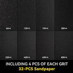 32 PCS Sandpaper 60/120/150/280/320/400/600/800 Grit Wet Dry Sandpaper Assortment 9x3.6 Inch Hand Sanding Sheets for Automotive Sanding,Furniture Finishing,Wood Turing Finishing.