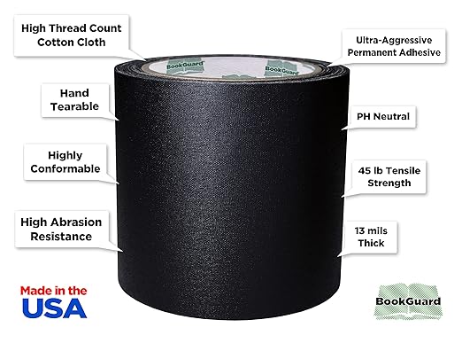 BookGuard 4 inch Premium Bookbinding Repair Cloth Tape, 15 Yard Roll, Black