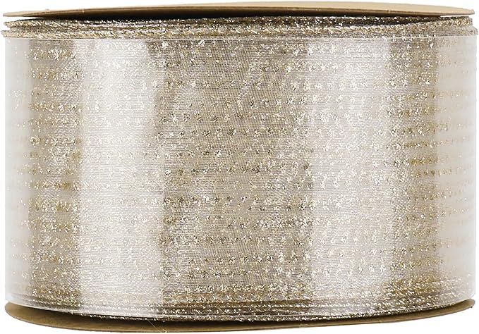MEEDEE Champagne Gold Wired Ribbon - 2.5 Inch Horizontal Stripes Polka Dot Christmas Ribbon Organza Sheer Glitter - 25 Yards for Christmas Tree, Wreath Bow