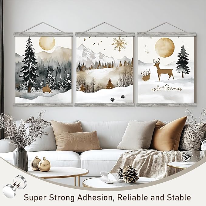 Artmag Magnetic Poster Hanger Frame, Light Wood Wooden Magnet Canvas Artwork Print Poster Hangers for 14x17 14x20 14x22 Frames Hanging Kit (Grey, 14")