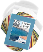 Mat Board Center, Pack of 50, 11x14 for 8x10 Mix Color Mat Kit - Acid Free, 4-ply Thickness, White Core - Includes Backing Boards and Clear Bags - for Pictures, Photos, Framing