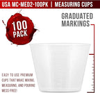 Pouring Masters 2 Oz (60 ml) Liquid Measuring Cups - Plastic Graduated Cup (100 Pack) with 25 Sticks - Reusable Mixing Cups for Paint, Craft, Kitchen, Lab, Medical Supplies, Epoxy Resin, Art