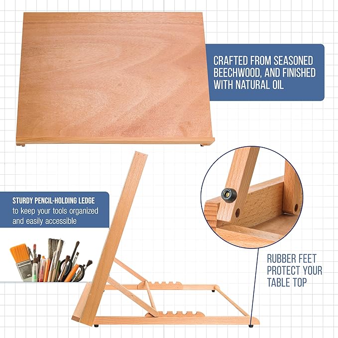 U.S. Art Supply X-Large 25-5/8" x 19" (A2) Adjustable Wood Art Drawing Board - 6 Angles, Beechwood Construction, Pencil Ledge, Locking Storage Drawer - Perfect for Design, Drafting & Architecture
