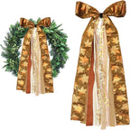 Large Maple Leaf Ribbons Bow for Wreath, Orange Glitter Dot Fabric Ribbons Set Assorted Leaf Lace Ribbon Stripe Clip-On Wreath Sash Ribbon Bundle for Fall Thanksgiving Home Indoor Outdoor Decor