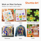 Shuttle Art Fabric Paint, 24 Colors 3D Permanent Paint with Brushes Palette Pen Fabric Sheet Stencils, Glow in The Dark, Glitter, Metallic Colors for Textile Fabric T-shirt Jeans Glass