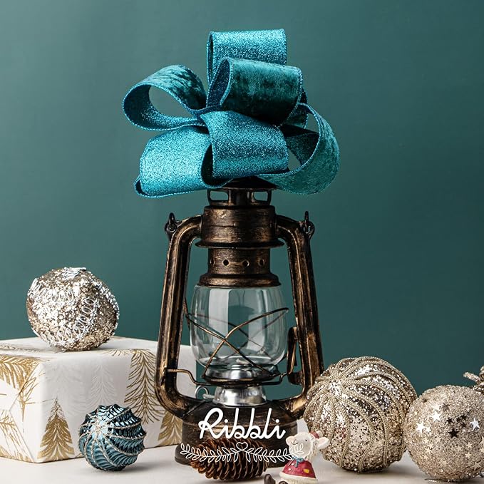 Ribbli Turquoise Blue Velvet Wired Ribbon 2.5 Inch Teal Velvet with Turquoise Blue Glitter Christmas Ribbon for Christmas Tree Decoration Big Bow Gift Wrapping Crafts Wreaths Supplies- 10 Yards