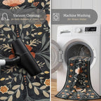 Morebes Washable 8x10 Area Rugs for Living Room Non Slip, Boho Botanical Soft Birds Bug Moody Rugs for Bedroom, Ultra-Thin Floral Flower Throw Carpet for Classroom Home Office Dorm Room, Black/Multi