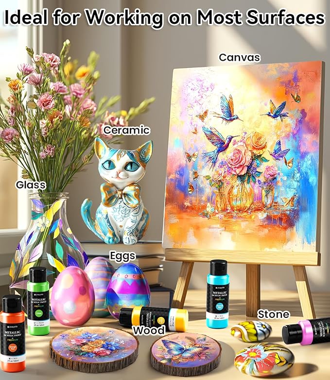 40 PCS Metallic Acrylic Paint Set with 12 Brushes, 2 Knives & Palette, 24 Colors (2oz/60ml) Art Craft Paint for Adults Kids Artists Beginners, Halloween Pumpkin Canvas Ceramic Rock Painting Kit