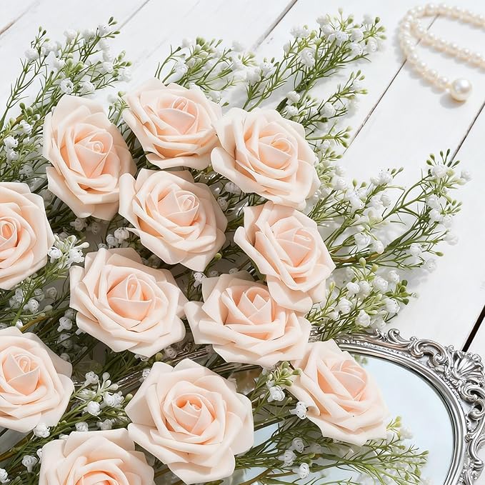 Artificial Flowers Foam Fake Roses 25pcs Champagne Roses with Stems for Home Decor DIY Wedding Bouquets Party Bridal Shower Centerpieces Faux Flower Arrangements Tables Decorations