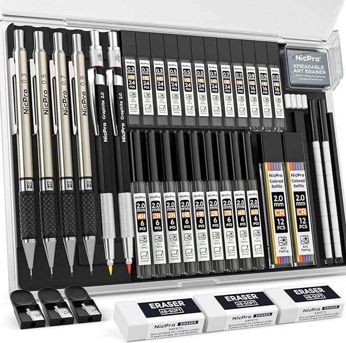 Nicpro 37PCS Art Mechanical Pencil Set, 4PCS Metal Drafting Pencil 0.3mm, 0.5 mm, 0.7 mm, 0.9 mm & 2PCS 2mm Lead Holder (6B 4B 2B HB 2H 4H Colors) For Sketching Drawing With 23 Tube Lead Refills Case