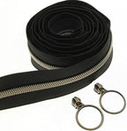 Leekayer 5# Black Nylon Zipper Tape Brass Teeth 10 Yards Continuous Zipper with 25 pcs Ring Pull Silders Bulk(Antique Brass)