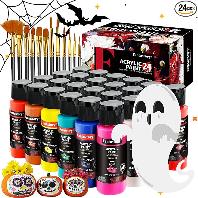 Fantastory Acrylic Paint Set 24 Classic Colors(2oz /60ml) with 12 Brushes, Professional Craft Thick Paints Kits for Adults, Canvas Wood Fabric Ceramic Rock Painting Supplies [Professional Series]