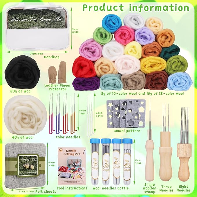 Mayboos Needle Felting Kit, 24 Colors Wool Roving Set, Needle Felting Kit with Felting Tool and Foam Mat Needle Felting Supplies for Beginner DIY Arts and Craft