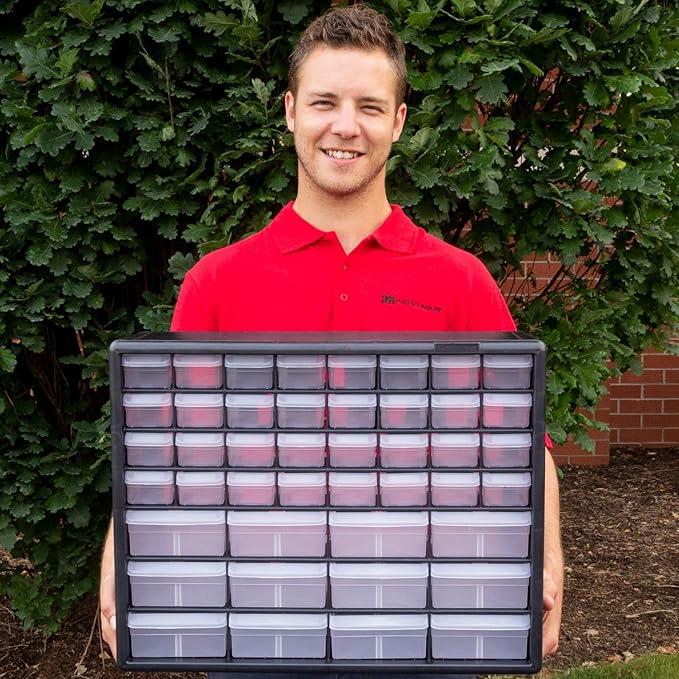 Akro-Mils 44 Drawer 10144REDBLK, Plastic Parts Storage Hardware and Craft Cabinet, Red & Black, (1-Pack) & 40717 Length Dividers for Plastic Storage Hardware, (6-Pack), Clear, Black