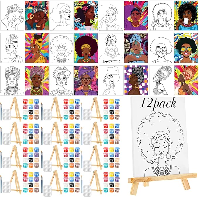 Zhanmai 12 Pack Pre Drawn Canvas for Painting Sip and Paint Kit 8" x 10" Paint Party Set Canvas Painting Pre Printed Canvases for Party Favor DIY Virtual Adult's Date Night(Afro Queen)