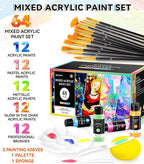 64 PCS Classic & Pastel & Metallic & Glow in the Dark Acrylic Paint Set with 12 Brushes, 2 Knives & Palette, 48 Colors Art Craft Paint for Beginners, Halloween Pumpkin Canvas Ceramic Rock Painting Kit