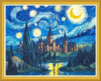 Hopeart Stamped Cross Stitch Kits for Beginner Embroidery Kits for Beginners Adults DIY 11CT Cross Stitch Patterns Needlepoint Kits Crossstitching Kits-Van Gogh's Starry Moon Castle 16x20 inch