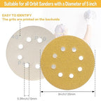 100PCS 5 Inch 8 Hole Sanding Discs 60 Grit,Gold Round Hook and Loop Sandpaper for Random Orbital Sander
