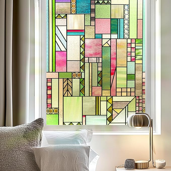 LuminManta 3D Stained Glass Window Privacy Film, Heat Control UV Blocking Static Cling Decorative Window Film for Bathroom,Front Door,Home Non Adhesive 23.6 x 35.4 inches Colorful Abstraction