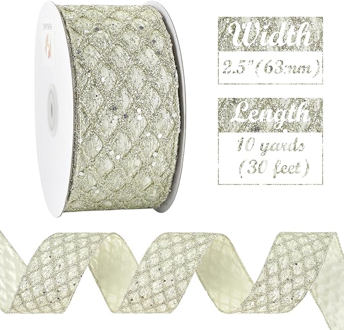 HUIHUANG Champagne Glitter Wired Ribbon for Christmas Tree 2.5 inch Light Champagne Diamond Mesh Ribbon for Tree Decoration, Wreaths, Garland, Gift Wrapping, Bows Making, Home Decor -10 Yards