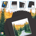 Mat Board Center, Pack of 10, 12x12 for 8x8 Black Mat Kit - Acid Free, 4-ply Thickness, White Core - Includes Backing Boards and Clear Bags - for Pictures, Photos, Framing