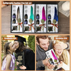 Feather Pen and Ink Set,quill pen ink set,Antique Calligraphy Pen with 4 Replaceable Nibs,2 Bottle of ink,Pen Holder Christmas Gift for Men&Women.(Purple)