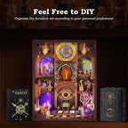 Book Nook Kit - DIY Miniature Dollhouse with LED Lights for Adults & Teens, Fantasy Tarot-Themed 3D Wooden Bookshelf Decor, for Craft Lovers