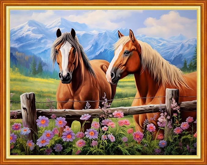 Stamped Cross Stitch Kits - Beach Night Landscape Counted Cross Stitch Kits for Beginners Adults Needlepoint Cross-Stitch Patterns-Steed Flowers 16x20 inchs