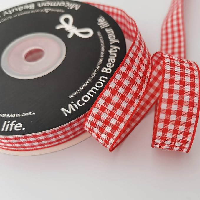 Red and White 100% Polyester Gingham Ribbon 25 Yards Each Roll (5/8", red)