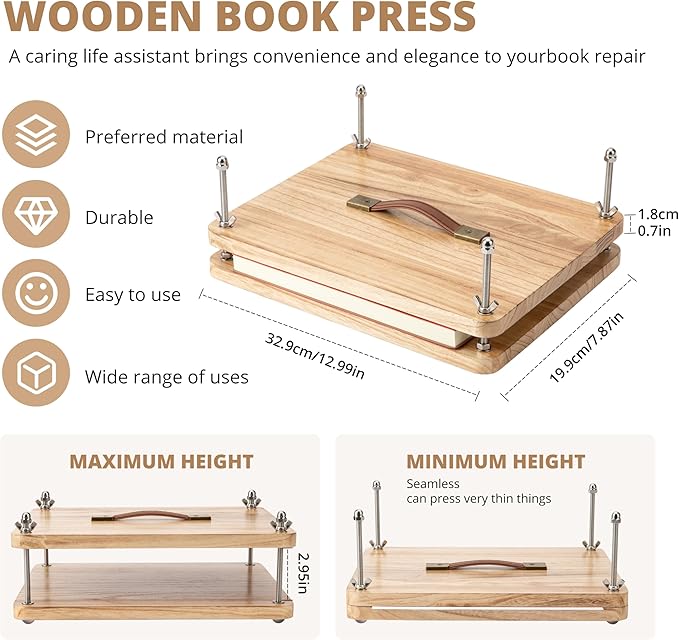 50 Pcs Book Binding Kits, 15"x11.4" Inch Wooden Book Press，Books Binding Materials, with Bone Folder, Awl, Needles for DIY Bookbinding, BookRepair, Handmade Crafts