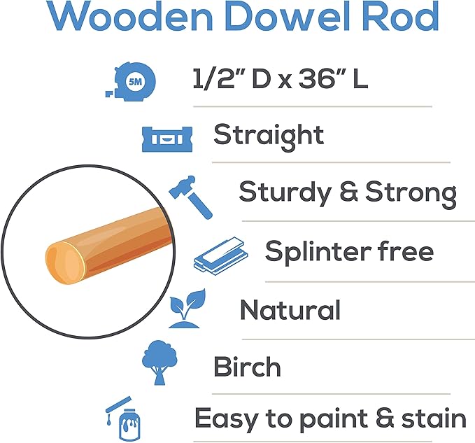 Dowel Rods Wood Sticks Wooden Dowel Rods - 1/2 x 36 Inch Unfinished Hardwood Sticks - for Crafts and DIYers - 10 Pieces by Woodpeckers