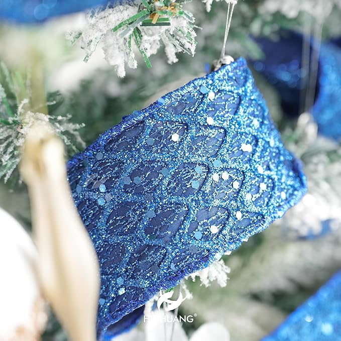 HUIHUANG Navy Blue Wired Ribbon 2.5 inch Glitter Diamond Mesh Wire Edge Ribbon for Christmas Tree, Wreaths, Garland, Gift Wrapping, Bows Making, Holiday Decor -10 Yards